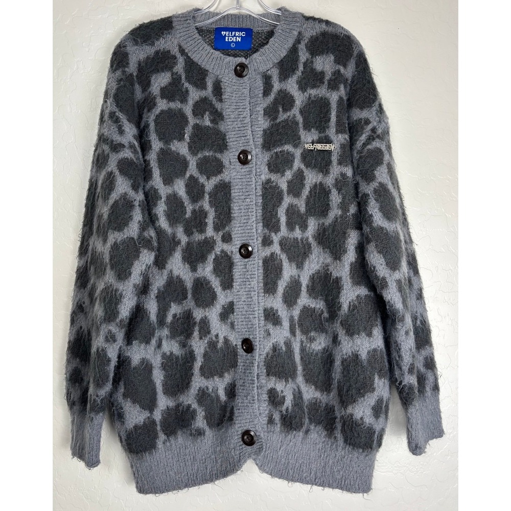Aelfric Eden Wool Blend Leopard Print Chunky Oversized Cardigan Grey Size L 2009